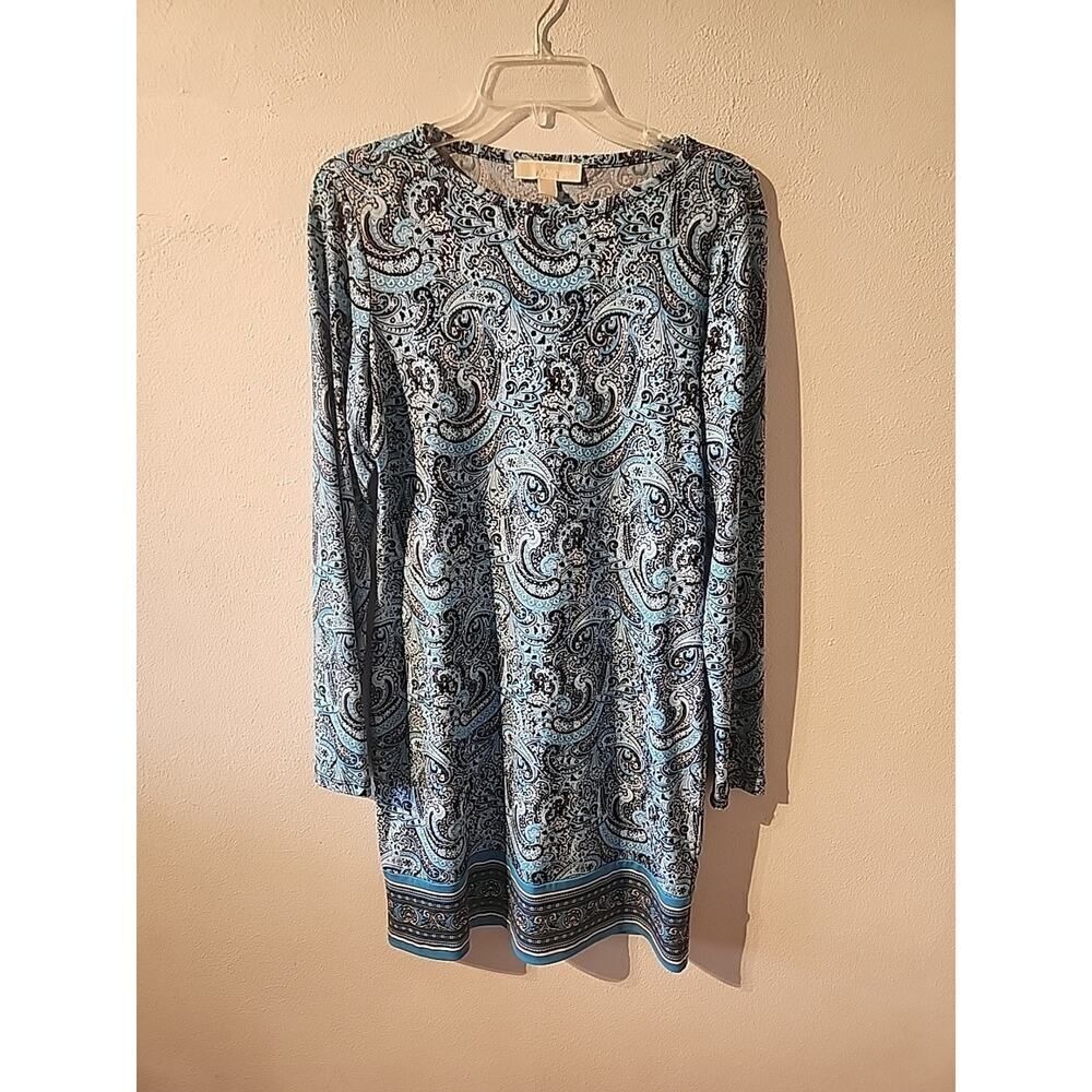 Michael Michael Kors Womens Long Sleeve Graphic Print Shift Dress Blue Size M